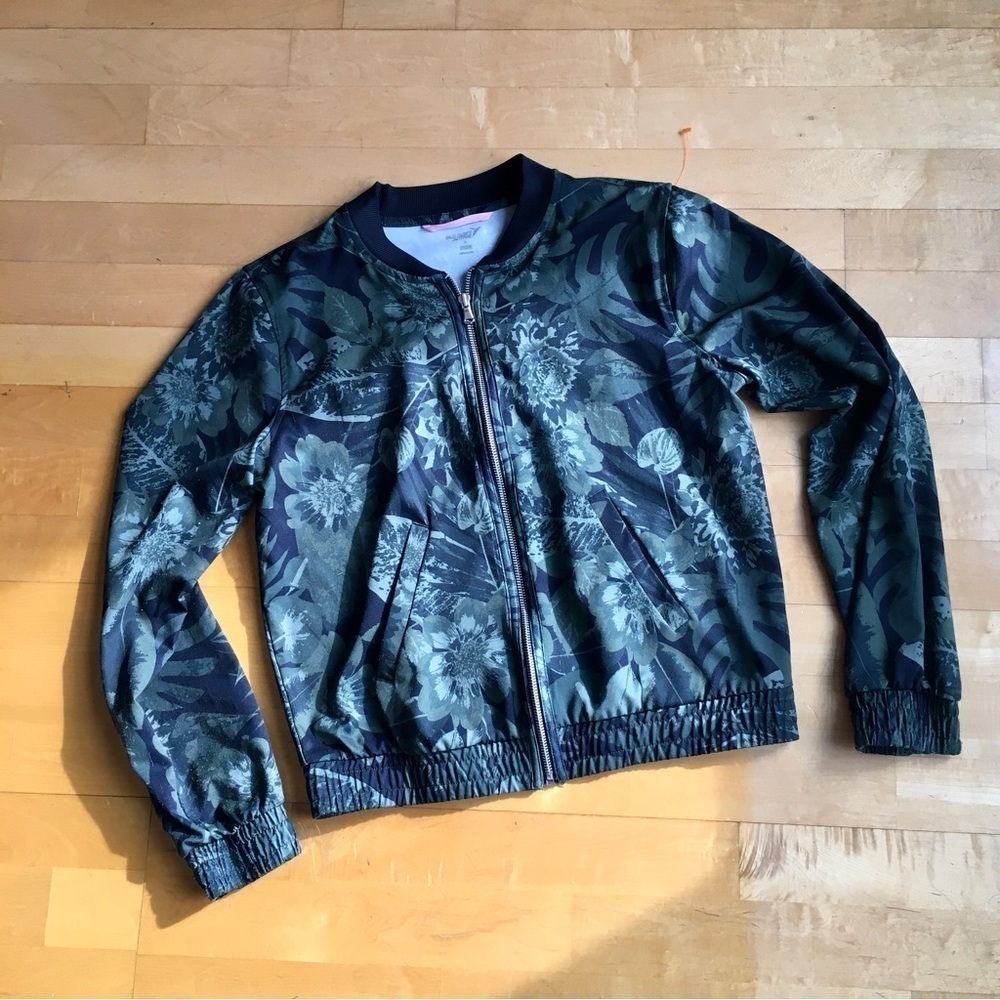 Old Navy Active Leaf + Floral Bomber Jacket, Green, Black, Silver, Size M